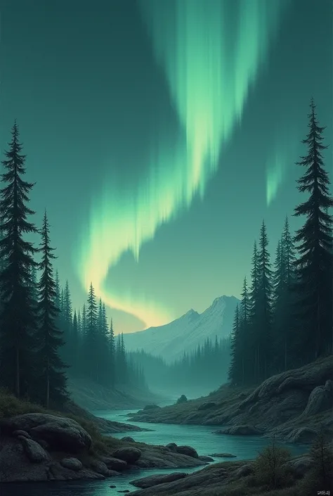 Paint a vintage-style northern lights scene with a slightly desaturated color palette and soft, blended brushstrokes. Use muted, swirling colors to depict the auroras, with a textured, aged look for the forest below, reminiscent of old travel sketches or a...