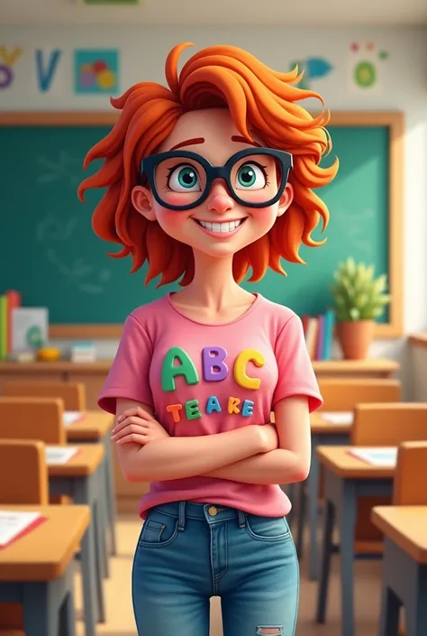 Cartoon of a teacher in a classroom, dressed in jeans and a pink shirt with ABC letters, red hair and black glasses. 