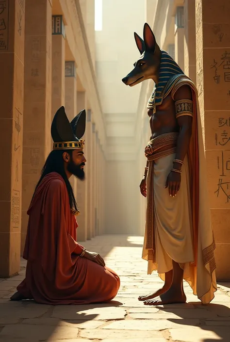 Pharaoh Akhenaten and Anubis kneeling before Jesus