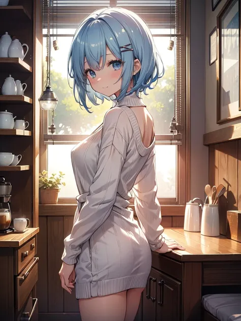 ((masterpiece))、((Highest quality))、photograph、reality、High resolution、Very detailed、Married women、30-year-old woman、Delicate features、Light blue short hair、Realistic background and accessories、Sexy smile、kitchen、Drinking coffee、expensive、（（A sexy sweater ...