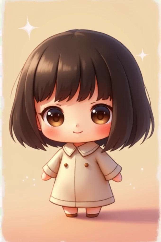 Create a kawaii doll with bangs, dark brown hair and brown eyes, smiling without showing teeth 
