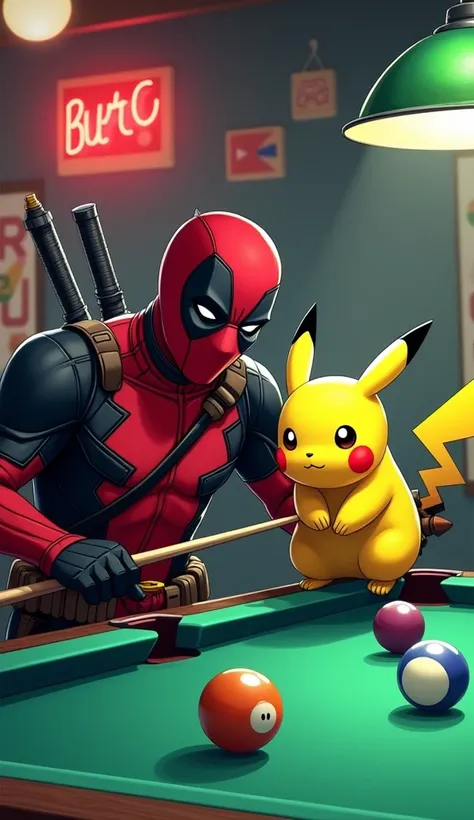 deadpool and pikachu playing billiards together