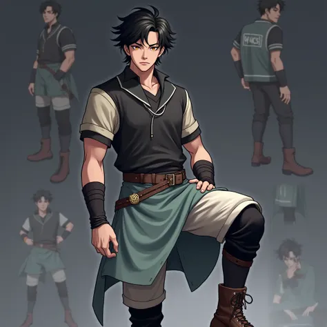 Digital illustration featuring a Korean male character with medium-length black hair . The character is portrayed in multiple poses, displaying a detailed outfit consisting of a black t-shirt with sleeves, black pants and brown boots.  The character has a ...