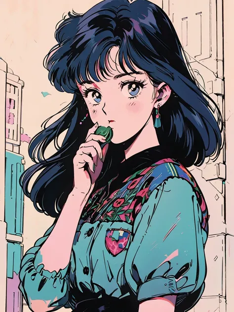 (80s, retro, city pop poster:1.1, without text), (album cover), (masterpiece, best quality), (anime, illustration), (pastel colors:1.0). Symmetric photo pose of a teenage girl. Her whole face and body can be seen from the front. She is eating a Slice of wa...