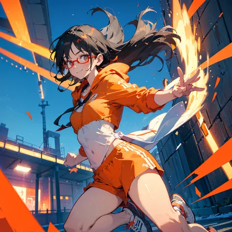 （Sportswear）、Orange hoodie、Shorts、Running Style、Flying debris、Best Quality、Illustration、Great quality、OK、High resolution、8K wallpaper、Perfect dynamic composition、(((Ezvian everywhere)))、((Black Hair、Shortcuts))、Cute 20 year old、Beautiful face in every deta...