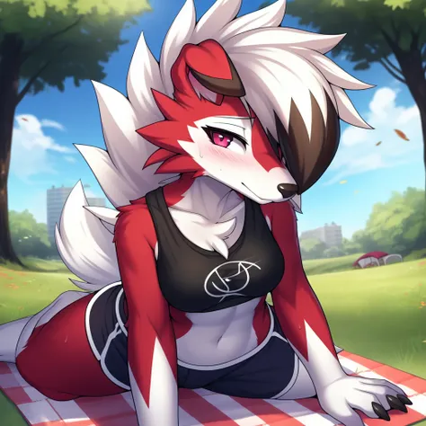 by zinfyu,por twistedscarlet60, Sent from Pixiv, por fluff-kevlar, (work of art), (best qualityer), (woman alone:1.2), (extremely detaild:1.3),(eye detailed,black circle in the eye,eye pink), midnight lycanroc, see no display, close view, shy face, half bo...