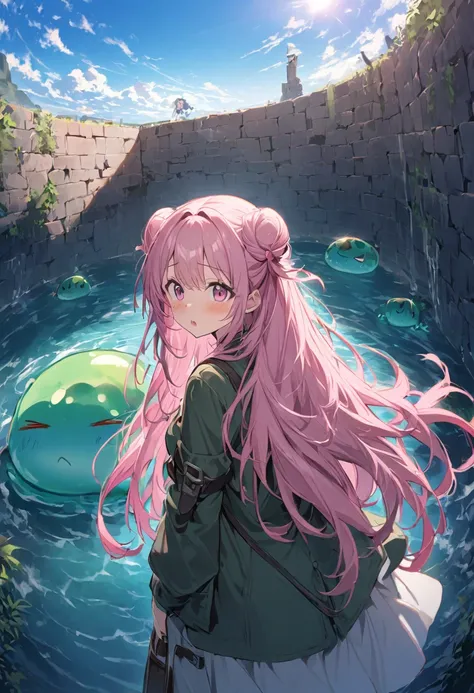 1 girl,(((Dark green slime))), Dungeons、(((White hair ribbon:0.4))), Pink Eyes,(((White bun hair))),(((Pink Hair))),(((Long Hair))),Clear blue sky、Adventure、Fisheye Lens、SLR、I feel the depth、Fun Expressions、Gazing into the distance、From behind