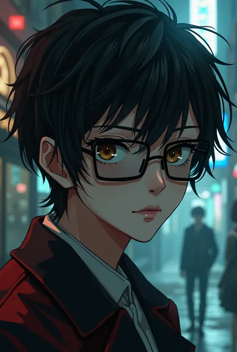 A CHARACTER WITH THE TRAITS OF THE PERSONA GAME, with dark hair, White, A PATCHED GLASSES AND BROWN EYES 