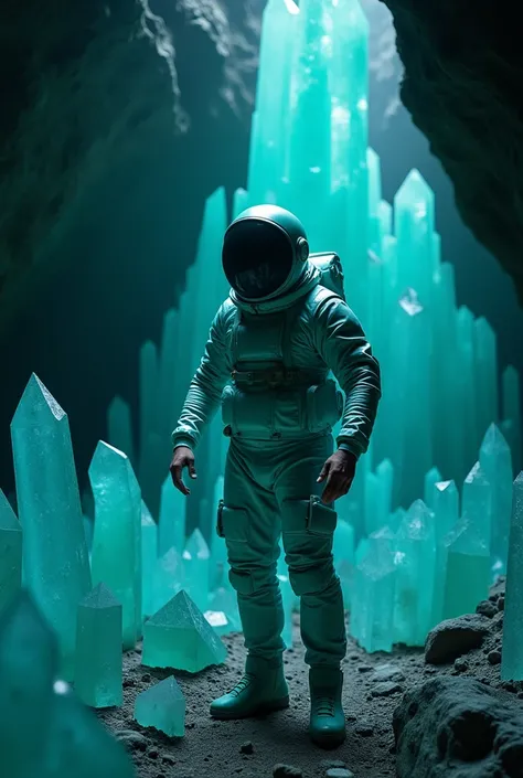 (Ultra high definition, clear, delicate) In a dark cave with sharp, transparent crystals rising out of it., A man takes off his turquoise-colored shiny metal spacesuit and puts it away neatly..