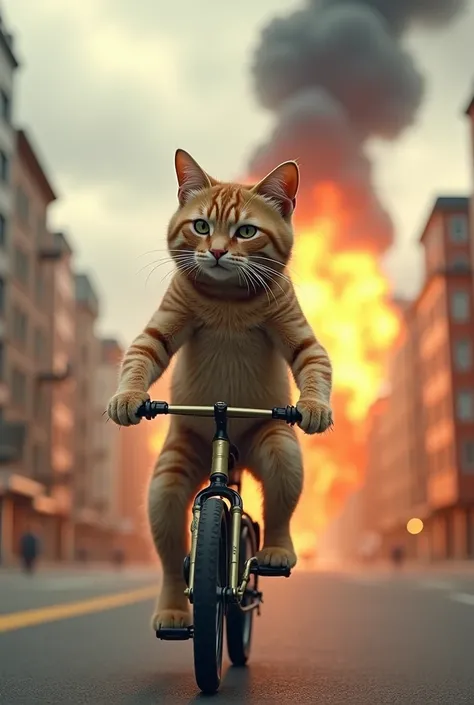 Cat on a bicycle walking away from an explosion 