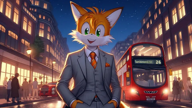 tails the fox happy, green eyes, anime style, comis style, 8k