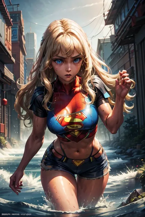 Beautiful woman with wavy blonde hair, Delicate and charming blue eyes, thigh notch, long sexy legs, T-shirt in small shorts with Superman letter S, Beautiful futuristic cyberpunk + city, fog, humid, rain, Masterpiece of the best quality, realistic, detail...