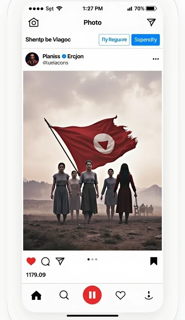 Women standing alone, protect motherland,smoke on hill, flag in hands