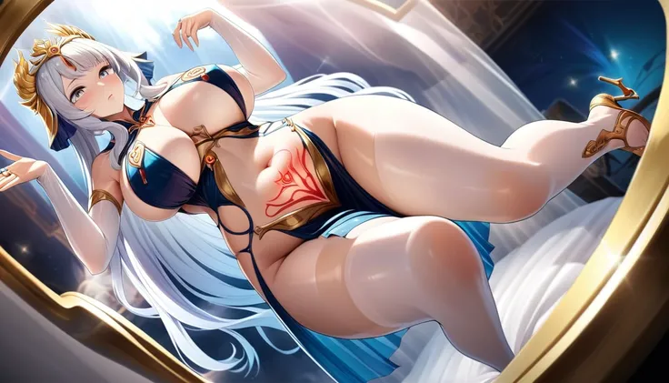 high quality,HD,16K,Sharp Line,1 Girl,fantasy, （Ice and Fire Goddess）,Pretty Face, Large Breasts, Beautiful legs,In the water,Focus Girl,detailed Pretty Face,Detailed clothes,Beautiful eyes,Cool,Sexy,Dynamic Angle,穿着华服的神明Strike a pose拍照, Ancient mysterious...