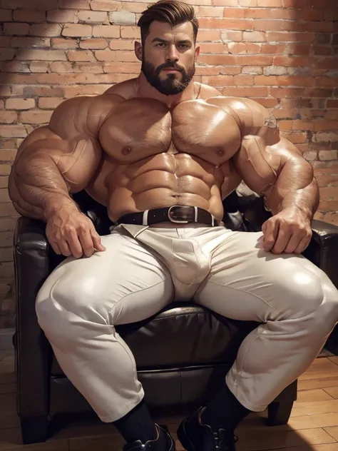 Clearly rendered 8K, clear and realistic facial depiction, realistic skin texture, hyper realism, super realism, photorealism, masterpiece, full body shot, Late at night, a muscular man is in a room with a brick wall and a bare light bulb, the light bulb i...