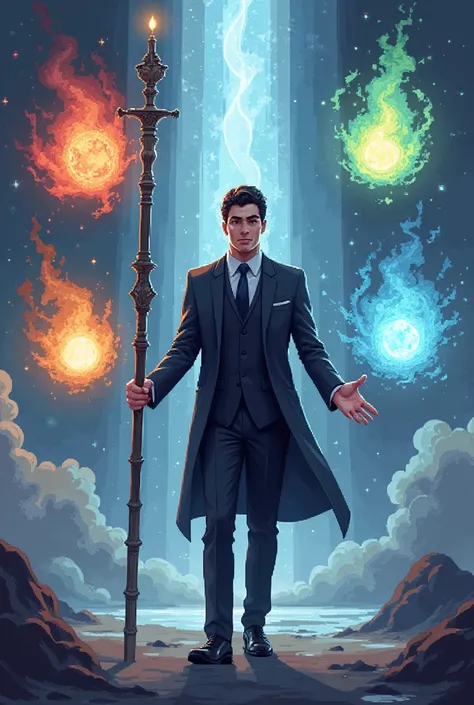 Minecraft Pixel Character, a man in a light black suit, holding a magic staff, casting 4 elemental spells, beautiful and cool.