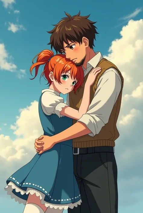 (two characters, woman and man hug:1.4), ( (Yoll:0.1), mature girl, solo, (ginger short hair with two short pigtails:1.2), (bamgs:1.1), (blue bow-knots), (green cutie eyes:1.1), blue vest, white blouse, (blue folded skirt:1.1), (fluffy layer laced skirt), ...