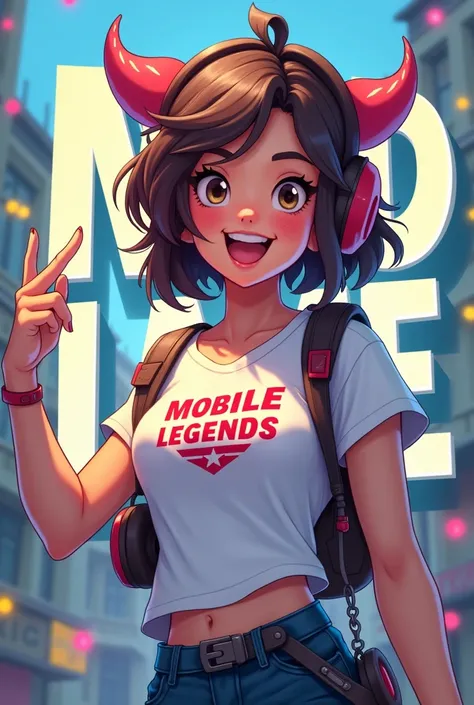 Gamer girl with mobile legends typed on her shirt and big mid lane text but dont make it realistic make it cartoony, and the mid lane text bigger