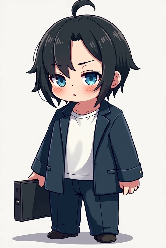 Dark Hero,Round eyes,Narrow eyes,Droopy eyes,Chubby,One person,Black Hair, Asymmetrical bangs, Parting the bangs,Blue Eyes,Droopy eyes,White T-shirt,Navy blue suit,Smartphone,PC,Simple background,cool,Defaults,Illness,Confused eyes,Distributor,Chibi Charac...