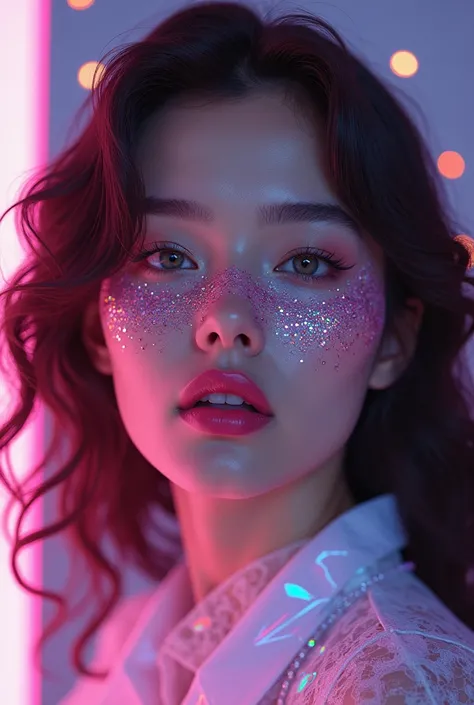 A Beautiful woman, 22 yo, long brown hairs, ultra detailed, so much glitters over eyes and lips, hot lips, ((little futuristic rainbow prism concept)), rainbow prisms all over, the lighting at the background and over her are purple and pink, rainbow prisms...