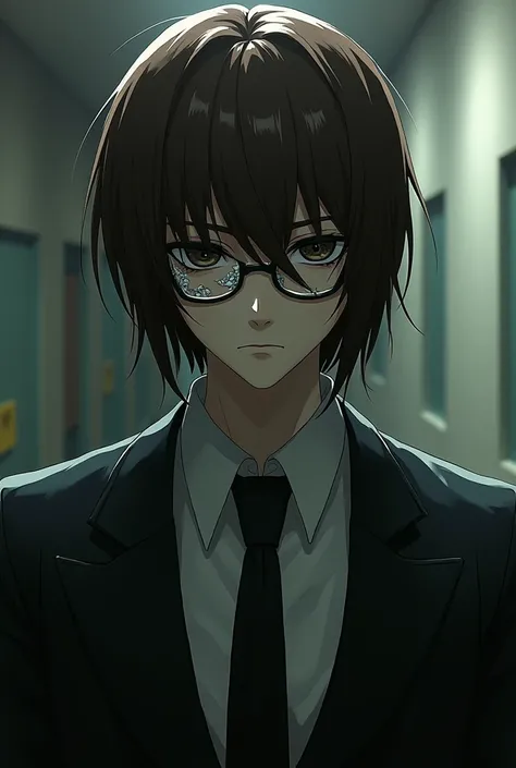 A male CHARACTER WITH THE TRAITS OF THE PERSONA GAME, WITH BROWN HAIR TO THE NECK, with your white skin, with broken glasses, And black and empty EYES, in a Japanese student outfit,