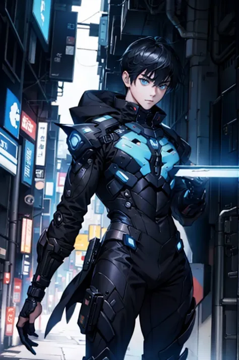 alone、front、whole body、anime boy protagonist in a futuristic mechanical combat suit、cyberpunk anime boy、