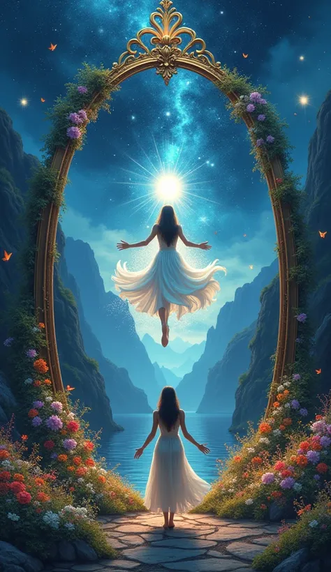 In a serene and mysterious night, a beautiful young woman stands before an intricately adorned mirror, which serves as a portal to another world filled with beauty and vibrant lights.
The Strange Reflection
As she gazes into the mirror, her reflection appe...