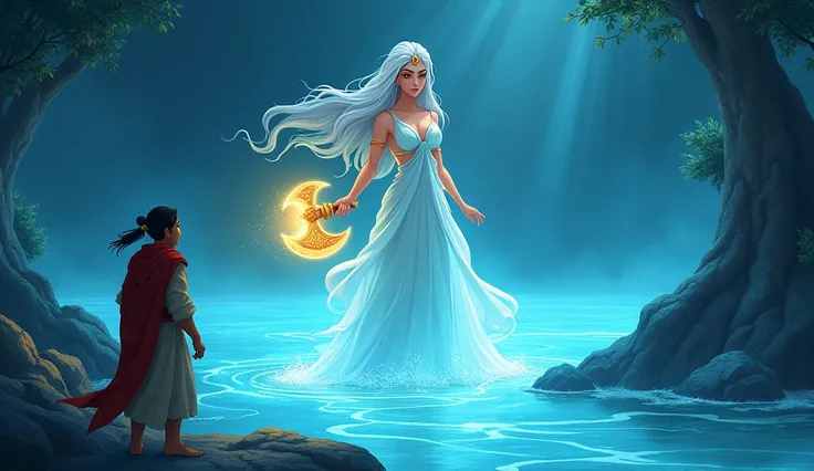 Cartoon animation **Water goddess emerging with a golden axe**: The river begins to glow, and a divine figure, the water goddess, emerges holding a shining golden axe. Ramoo stands humbly by the river, with a look of honesty on his face as he tells the god...