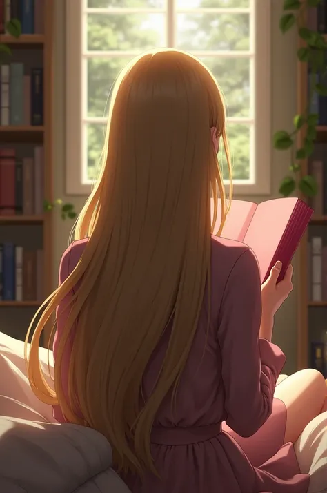 A blonde from the back reading a pink book
