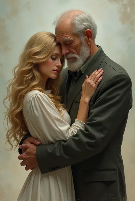 A beautiful girl with long blonde hair 20 An old man 90 year old hugs a blonde beautiful woman from behind、Are crying、Beautiful sight、Love story