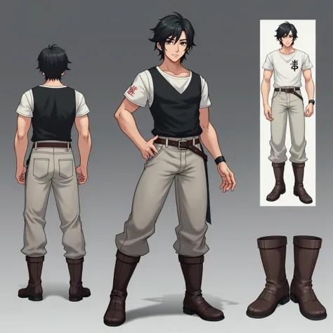 Digital illustration featuring a Korean male character with medium-length black hair . The character is portrayed in multiple poses, displaying a detailed outfit consisting of a black t-shirt with sleeves, black pants and brown boots.  The character has a ...