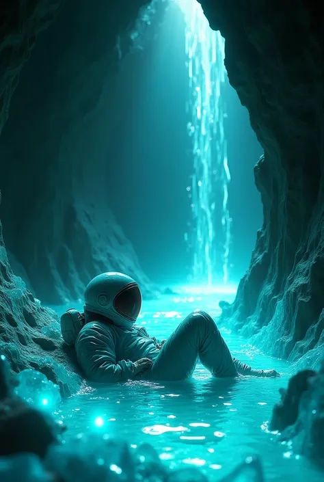 (Ultra high definition, clear, delicate) Glowing water flows from a dark cave with sharp, transparent crystals rising out of it.. On it, a man wearing a turquoise-gloss metal spacesuit and helmet lies comfortably curled up like a fetus in the womb..