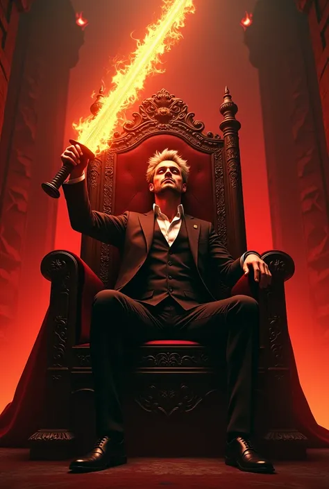 A man with fiery blond hair, eyes of fire, in a suit and with a flaming sword, and sitting on the throne of hell.