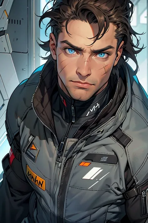 (Athletic), man, 32 years, messy brown hair, blue eyes, (detailed eyes), (perfect pupils), black bodysuit, black and grey flight suit, pilot suit, bomber jacket, facial scar, clean shaven, sci fi, solo friendly, hangar, (best quality)