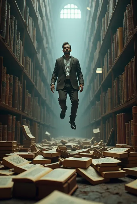 
When she arrived at the library she came across a man floating in the middle of a pile of books