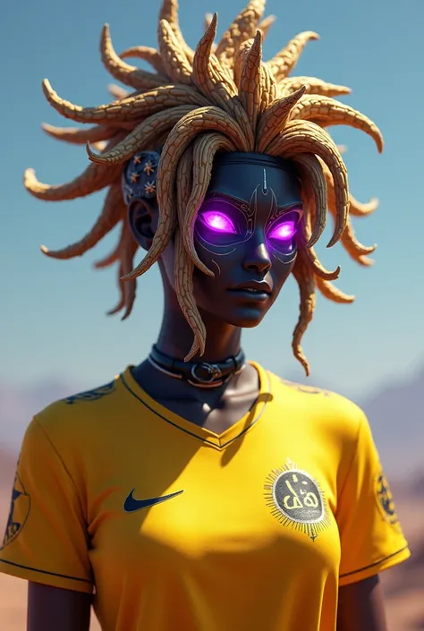 Personagem de free fire cabelo super kalahari, eyes with purple ray, bioforge mask, yellow team shirt. 