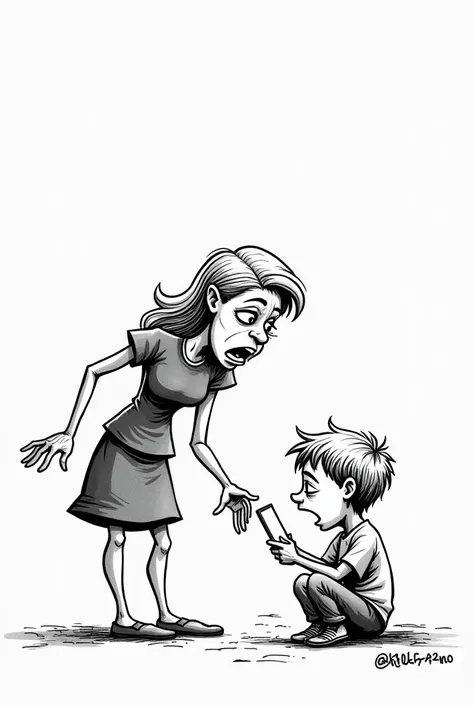 Editorial cartoon. challenges in new media in the 21st century. Two people with conversations. Angry Mother scolding son due to online addiction.
Super Cartoonish. With text box. Dramatic. Black and white