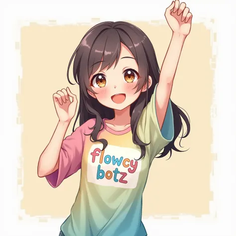 Anime girl smiling and raising her hand wearing a shirt with Flowcy Botz written on it