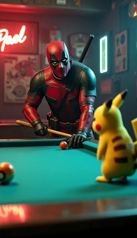 poster deadpool vs pikachu playing billiards, realistic, super detail and dynimic, 4k, cinematic.