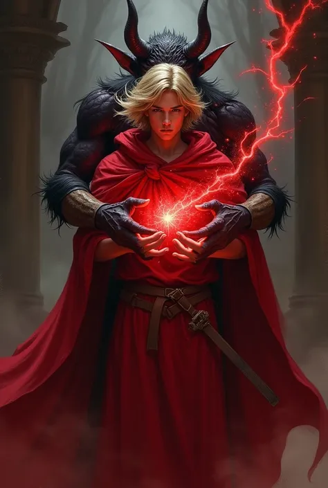 Young blond man with scarlet magic wearing a scarlet cloak hugged from behind by a demon 