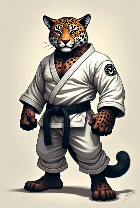 jaguar mascot with jiu-jitsu kimono and black belt