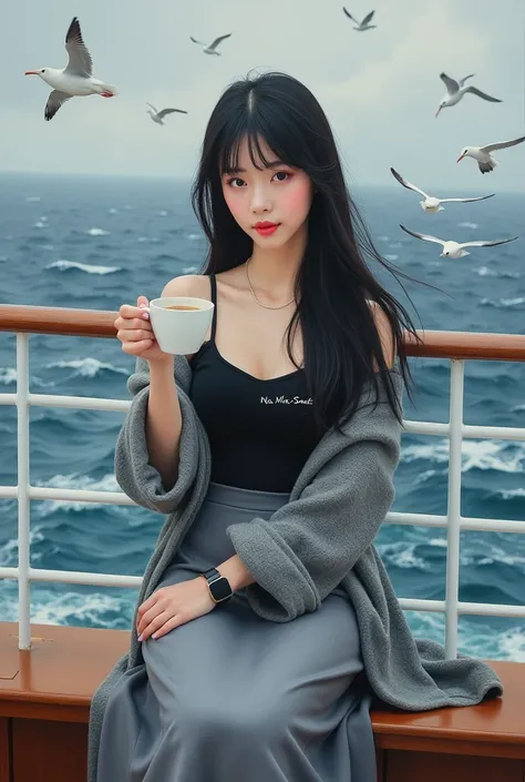 Photorealistic cinematic acrylic painting, with a beautiful Korean woman with smooth white skin and a perfectly cared for face, long black hair flowing freely in the very strong sea breeze, bangs,accessories,memakai rajut warna gradasi abu-abu, black under...