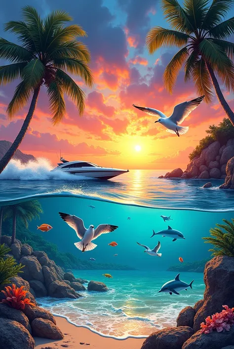 I want to surprise in my drawing class so I need an image of a polychrome beach drawing with a surprising sunset, seagulls, sea with waves,  speedboat, a beautiful sun, Marine animals, Palm trees, arena, with beautiful colors