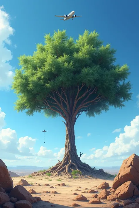 a castor tree growing in arid and stony soil, with a blue sky, and a warplane flying through the skies while dropping an atomic bomb 