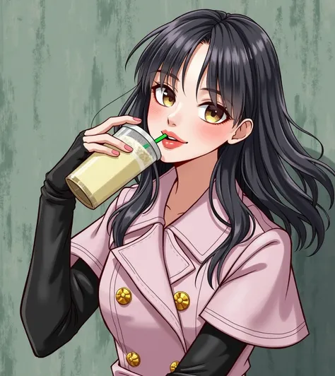 A person with long dark hair wearing a light pink trench coat with gold buttons over black sleeves, holding an iced beverage with a green straw in one hand. The backdrop is an outdoor setting with a textured green wall. The atmosphere is casual with natura...