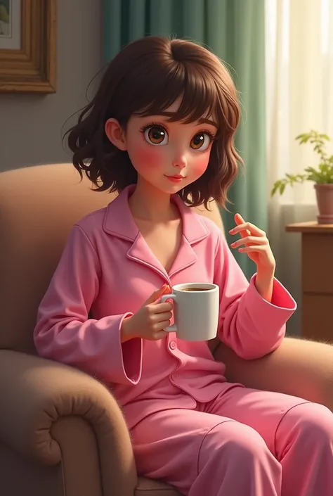 Anxiety character from the movie playfully in pink pajamas with a cup of coffee in his right hand sitting in an armchair