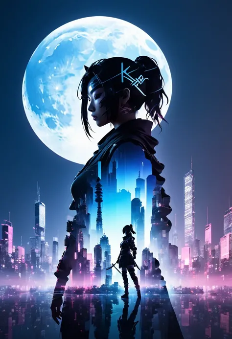  Mate Piece, silhouette, Kunoichi, logo, Monotony, moon, Double exposure, Cyberpunk City, Depth of written boundary, (Holographic gloss effect), the below described, Low angle shot, masterpiece,