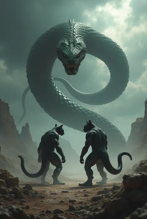 A large, ominous snake slithers onto the battlefield, weaving between the muscular humanoid fight two 
 cats. It represents external forces fueling the conflict. The cats keep their eyes on each other, aware of the new danger.