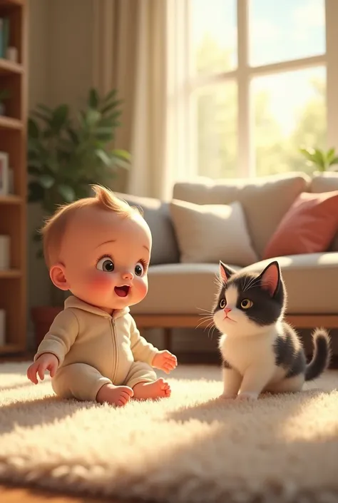 A cute baby, sitting on a soft carpet in a cozy living room with natural sunlight, a fluffy white and black cat gently approaching the baby from behind, both looking very playful and curious.