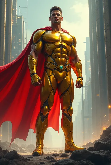 A muscular white superhero with a red cape and golden costume, blackened cracked, handsome man from aparecida nobre and agorrogate, realistic illustration, fantastic fantasy oil tone, RPG sci fi, in a superfuturistic city , psychedelic vintage style, photo...